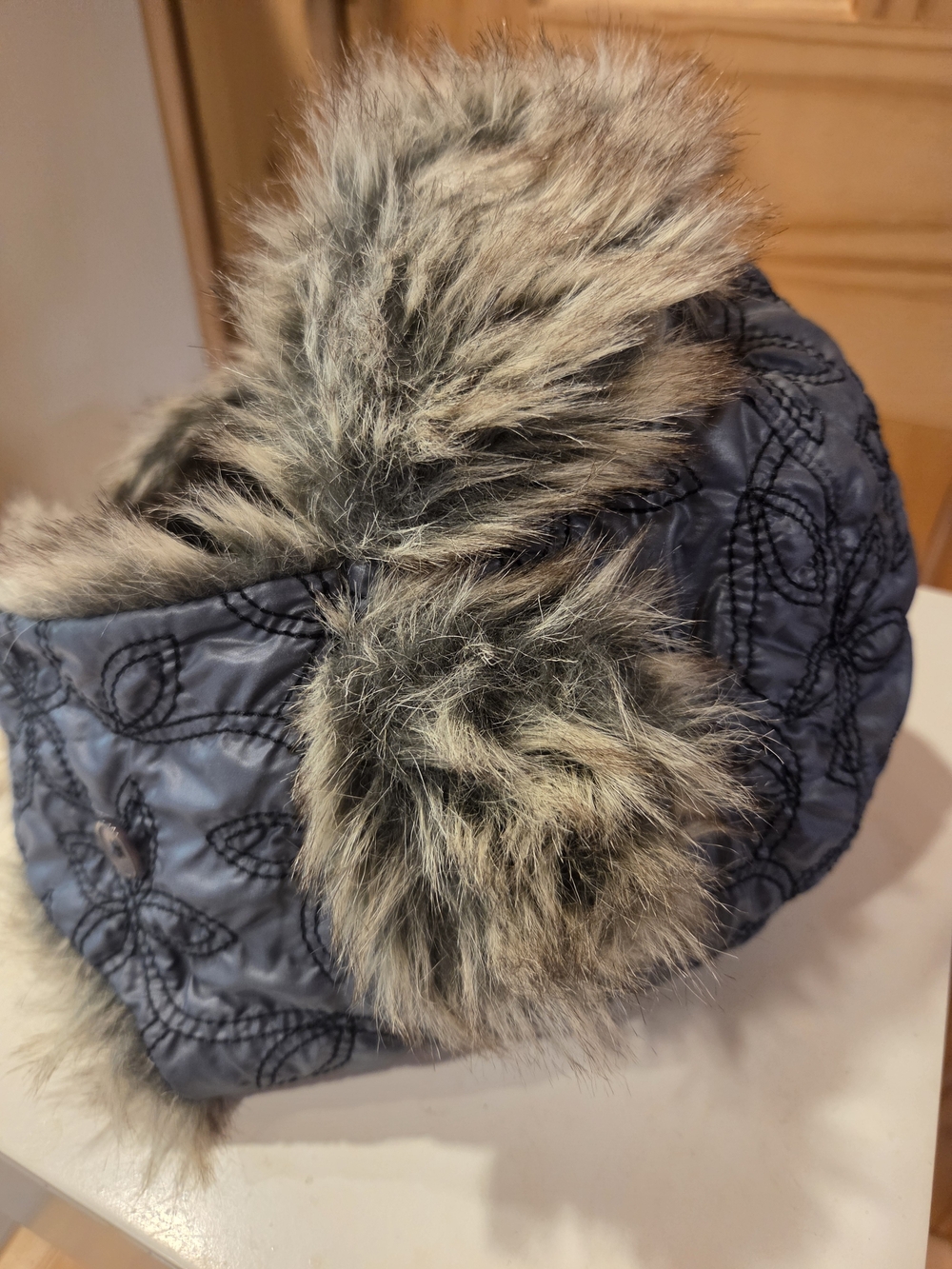 Pistil Quilted Gray Embroidered Winter Hat with Faux Fur Trim